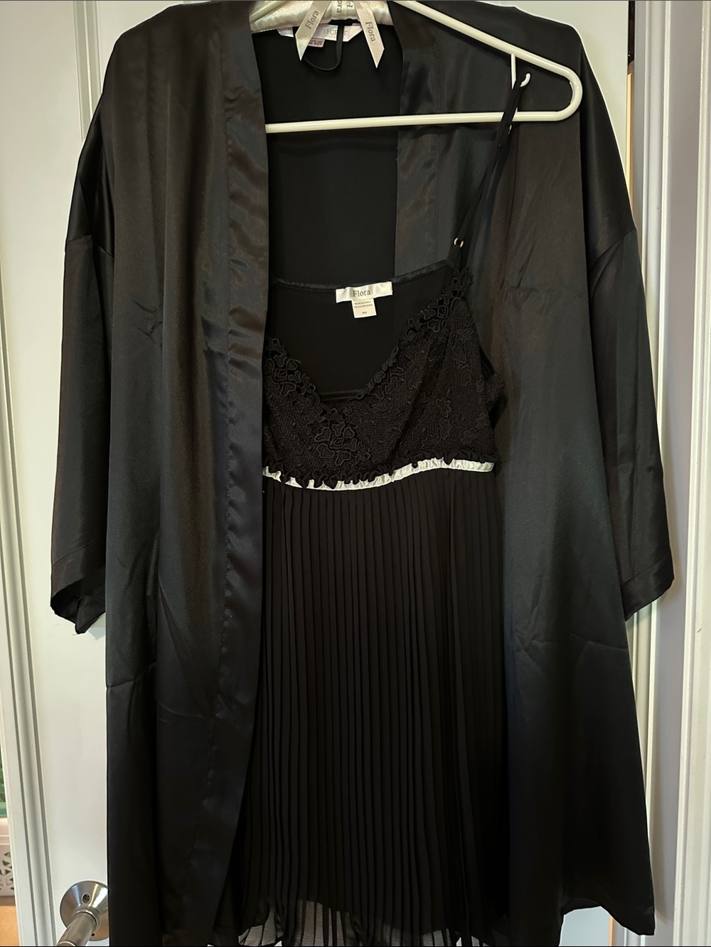 Black Lace Pleated Slip Gown with Satin Robe
